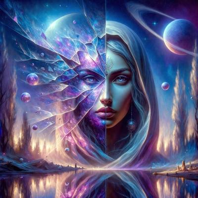 The primary subject of the image is a woman with a purple and blue hue. She is wearing a white veil and has a purple and blue hue as well. The setting is a nighttime scene with a reflection of the woman in the water. The visual style is digital art, and the colors and mood are serene and mystical.